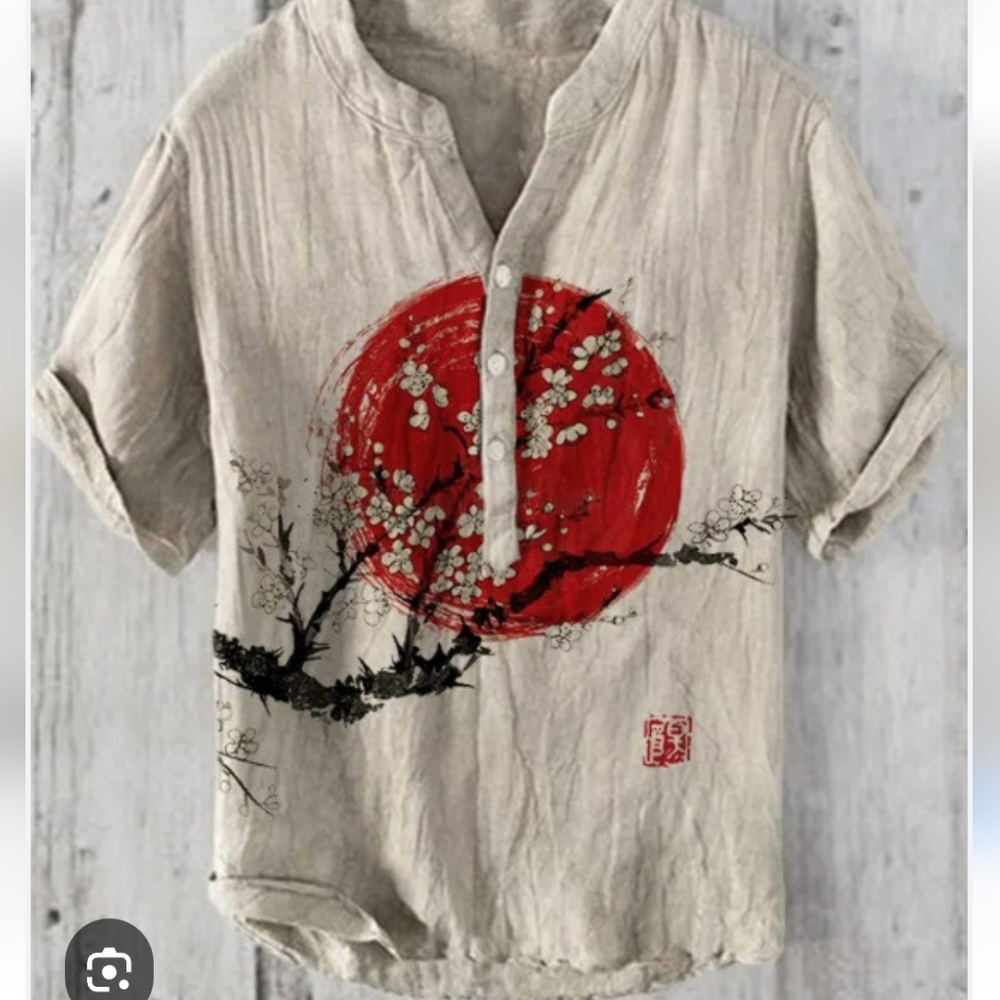 Men's Beige Half Button Down Shirt with Red and Black Design